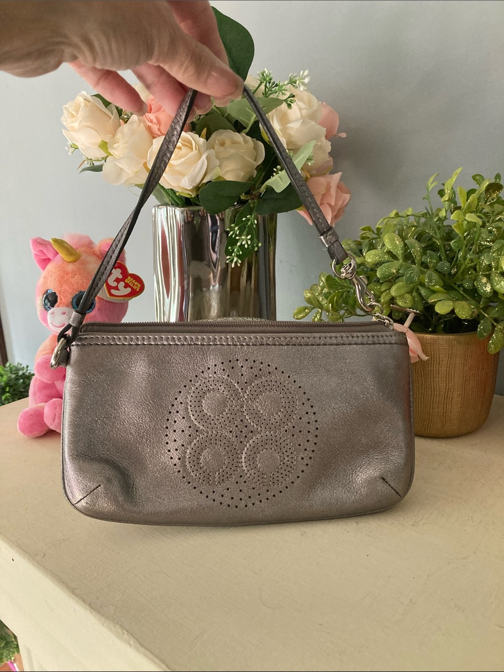 Coach Metallic Pewter Leather Wristlet - Pewter